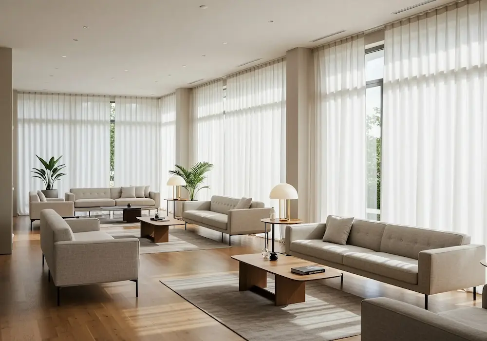 Sala de estar moderna y luminosa con grandes ventanales que tiene cortinas blancas translúcidas